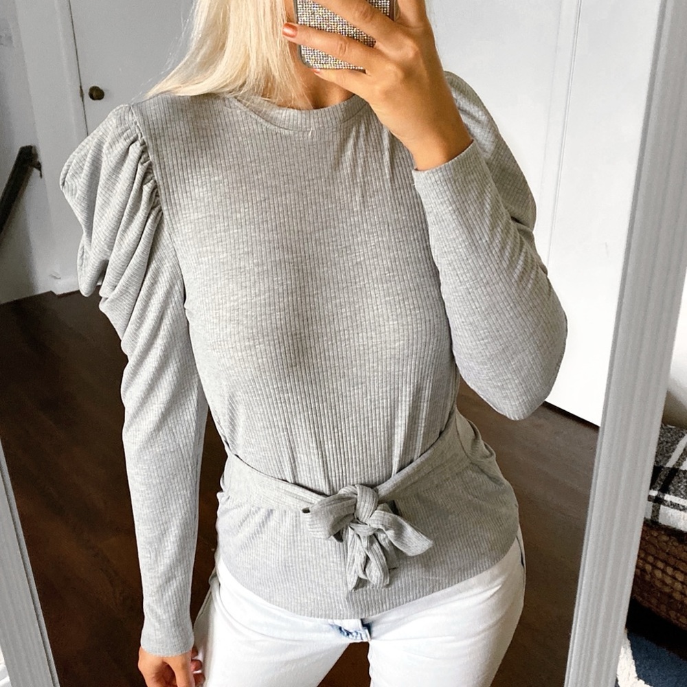 🐚 TRUTH BY REPUBLIC GREY RIBBED TIE WAIST LONG SLEEVE TOP!